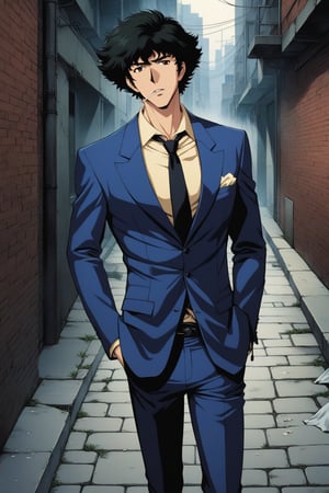 (masterpiece, best quality, ultra HD anime quality, super high resolution, 1980s/(style), retro, anatomically accurate, perfect anatomy), (front, bottom angle), looking at the camera, (Spike Spiegel, one boy), solo, (black hair, short hair, bangs, messy hair, brown eyes, straight face), (Spike's navy blue suit, big collar on left side, no collar on right shoulder, grey lining, sleeves rolled up to elbows, (black tie, slightly skinny), (cream shirt, collar up)), (navy blue suit pants, black socks, black leather shoes), holding a gun, (standing, tilted, one hand in trouser pocket, (cigarette in mouth, crumpled), sloppy), (brick street scene, back alley, bleak, dilapidated city, littered), score_9, score_8_up, score_7_up, score_6_up