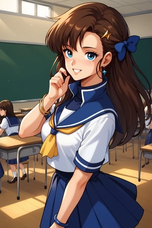 (masterpiece, best quality, ultra HD anime, super high resolution, 1980s/(style), anatomically accurate, perfect anatomy), (upper angle), looking at camera, score_9, score_8_up, score_7_up, source_anime, cream_ami, brown hair, long hair, asymmetrical bangs, hair bow, hairpin, blue eyes, smiling, earrings, (blue sailor suit, white sleeves, short sleeves, high collar, ascot, blue skirt, bracelet), looking at viewer, cowboy shot, dutch angle, dancing happily, dancing, (school scene, classroom, classroom at dusk),