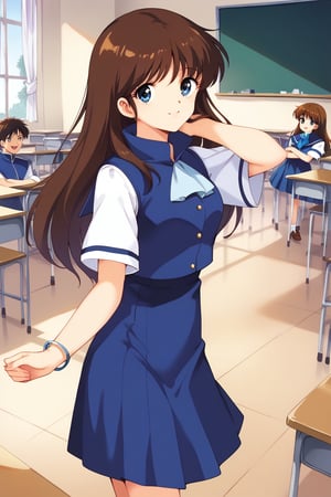 (masterpiece, best quality, ultra HD anime, super high resolution, 1980s/(style), anatomically accurate, perfect anatomy), (upper angle), looking at camera, score_9, score_8_up, score_7_up, source_anime, cream_ami, brown hair, long hair, bangs, blue eyes, smiling, (blue sailor suit, white sleeves, short sleeves, high collar, ascot, blue skirt, bracelet), looking at viewer, cowboy shot, dutch angle, dancing happily, dancing, (school scene, classroom, classroom at dusk),