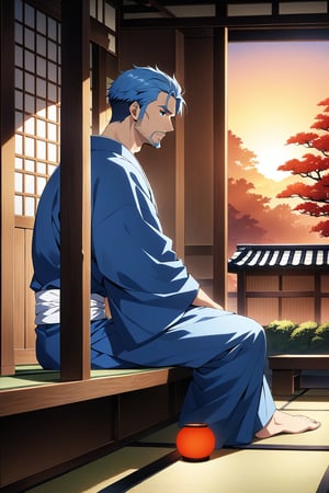 (masterpiece, best quality, 32k ultra HD anime quality, super high resolution, anatomically accurate, perfect anatomy),
(bercouli), mature_man, solo, looking at garden,
(blue_hair, short_hair,_bangs_hanging_on_one_side, blue_eyes, beard, stubble, lonely_face),
(Japanese_clothes, blue_kimono, white_sash), barefoot,
(four_toes,_one_thumb),
(drinking_from_ceramic_teacup,_curved_back,_sitting_on_porch,_crossed_legs,_in_Japanese_room),
(view_of_Japanese_house,_Japanese_room_with_tatami_mats,_wooden_porch,_red_garden,_small_Japanese_garden,_evening,_sunset),
(side_view,_diagonal_angle_from_below_behind),
score_9,score_8_up,score_7_up,score_6_up,bercouli