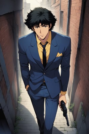 (masterpiece, best quality, ultra HD anime quality, super high resolution, 1980s/(style), retro, anatomically accurate, perfect anatomy), (front, bottom angle), looking at the camera, (Spike Spiegel, one boy), solo, (black hair, short hair, bangs, messy hair, brown eyes, straight face), (navy blue suit, grey lining, sleeves rolled up to elbows, (black tie, slightly skinny), (yellow shirt, collar up)), (navy blue suit pants, black socks, black leather shoes), holding a gun, (standing, tilted, (cigarette in mouth, crumpled), feet together), (brick street scene, back alley, bleak, dilapidated city, littered), score_9, score_8_up, score_7_up, score_6_up
