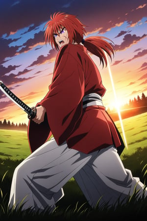 (masterpiece, best quality, ultra HD anime quality, super high resolution, 1980s/(style), retro, anatomically correct, perfect anatomy), (Himura Kenshin), one boy, solo, (red hair, long hair, low ponytail, thick bangs between the eyes, messy hair, purple eyes, sharp eyes, scar on face, angry face), emitting aura, (mouth open as if screaming), looking at the camera, (red kimono top, white hakama pants, black waistband), weapon, one Japanese sword, (Japanese sword has blade, tsuba, grip), wearing straw sandals, (four fingers and one thumb), (taking a fighting stance, holding the grip of the Japanese sword, standing low, legs spread wide, alone, in a grassland), (sunset view, distant forest, large grassland, dim grassland, grass, sunset), (front, angle from below), score 9, score 8_up, score 7_up, score 6_up,Himura Kenshin,red hair