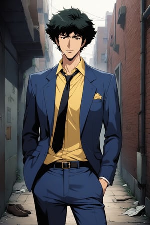 (masterpiece, best quality, ultra HD anime quality, super high resolution, 1980s/(style), retro, anatomically accurate, perfect anatomy), (front, bottom angle), looking at the camera, (Spike Spiegel, one boy), solo, (black hair, short hair, bangs, messy hair, brown eyes, straight face), (navy blue suit, grey lining, sleeves rolled up to elbows, (black tie, slightly skinny), (yellow shirt, collar up)), (navy blue suit pants, black socks, black leather shoes), holding a gun, (standing, tilted to one side, one hand in trouser pocket, (cigarette in mouth, crumpled), sloppy), (brick cityscape, back alley, bleak, dilapidated city, littered), score_9, score_8_up, score_7_up, score_6_up