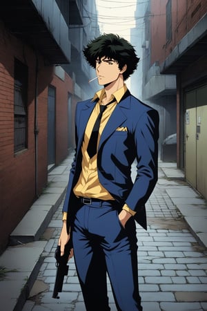 (masterpiece, best quality, ultra HD anime quality, super high resolution, 1980s/(style), retro, anatomically accurate, perfect anatomy), (front, bottom angle), looking at the camera, (Spike Spiegel, one boy), solo, (black hair, short hair, bangs, messy hair, brown eyes, straight face), (Spike's navy blue suit, big collar on left side, no collar on right shoulder, grey lining, sleeves rolled up to elbows, (black tie, slightly skinny), (yellow shirt, collar up)), (navy blue suit pants, black socks, black leather shoes), holding a gun, (standing, tilted, one hand in trouser pocket, (cigarette in mouth, crumpled), sloppy), (brick street scene, back alley, bleak, dilapidated city, littered), score_9, score_8_up, score_7_up, score_6_up