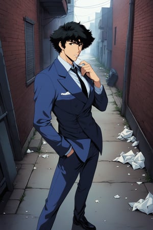 (masterpiece, best quality, ultra HD anime quality, super high resolution, 1980s/(style), retro, anatomically correct, perfect anatomy), (side view, top view), looking into the camera, (Spike Spiegel, one boy), solo, (black hair, short hair, bangs, messy hair, brown eyes, straight face), (wearing a navy blue suit, spiked, large collar on left side, no collar on right shoulder, grey lining, sleeves rolled up to elbows, (black tie, slightly thin), no handkerchief, (cream shirt, collar turned up)), (navy blue suit pants, black socks, black leather shoes), holding a gun, (standing, slightly bent at waist, sloppy, with legs apart, one hand in trouser pocket, (holding a cigarette in mouth, crumpled)), (scene of a brick city, back alley, bleak, dilapidated city, littered with garbage), score_9, score_8_up, score_7_up, score_6_up,