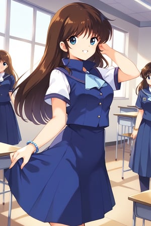 (masterpiece, best quality, ultra HD anime, super high resolution, 1980s/(style), anatomically accurate, perfect anatomy), (upper angle), looking at camera, score_9, score_8_up, score_7_up, source_anime, cream_ami, brown hair, long hair, bangs, blue eyes, smiling, (blue sailor suit, white sleeves, short sleeves, high collar, ascot, blue skirt, bracelet), looking at viewer, cowboy shot, dutch angle, dancing happily, dancing, (school scene, classroom, classroom at dusk),