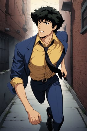 (masterpiece, best quality, ultra HD anime quality, super high resolution, 1980s/(style), retro, anatomically accurate, perfect anatomy), (side view, bottom angle), looking at the camera, (Spike Spiegel, one boy), solo, (black hair, short hair, bangs, messy hair, brown eyes, angry face), mouth slightly open, teeth clenched, (wearing navy blue suit, Spike's, sleeves rolled up to elbows, (black tie, slightly thin), no handkerchief on chest, (yellow shirt, collar up)), (navy blue suit pants, black socks, black leather shoes), holding a gun, (running, leaning forward, slightly hunched back, big stride, gun aimed), (brick cityscape, back alley, bleak, dilapidated city, littered), score_9, score_8_up, score_7_up, score_6_up,