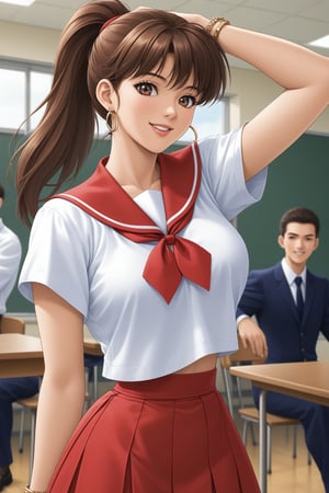 (masterpiece, best quality, ultra HD anime, super high resolution, 1980s/(style), anatomically accurate, perfect anatomy), (upper angle), looking at camera, score_9, score_8_up, score_7_up, source_anime, TanakaMisa, brown hair, long hair, bangs, ponytail, red ribbon, blue eyes, smiling, (red sailor uniform, white sleeves, short sleeves, high collar, ascot, red skirt, bracelet), looking at viewer, cowboy shot, dutch angle, dancing happily, dancing, (school scene, classroom, classroom at dusk), source_,