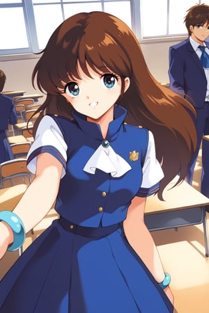 (masterpiece, best quality, ultra HD anime, super high resolution, 1980s/(style), anatomically accurate, perfect anatomy), (upper angle), looking at camera, score_9, score_8_up, score_7_up, source_anime, cream_ami, brown hair, long hair, bangs, blue eyes, smiling, (blue sailor suit, white sleeves, short sleeves, high collar, ascot, blue skirt, bracelet), looking at viewer, cowboy shot, dutch angle, dancing happily, dancing, (school scene, classroom, classroom at dusk),