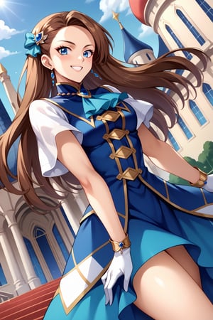 (masterpiece, best quality, ultra HD anime, super high resolution, 1980s/(style), anatomically accurate, perfect anatomy), (angle from below), looking at the camera, score_9, score_8_up, score_7_up, source_anime, KatarinaClaes, brown hair, long hair, asymmetrical bangs, hair bow, hairpin, blue eyes, smiling, earrings, (blue dress, white sleeves, short sleeves, high collar, ascot, brooch, white gloves, bracelet), looking at the viewer, cowboy shot, dutch angle, dancing happily, dancing, (castle scene, ballroom, party venue), source_