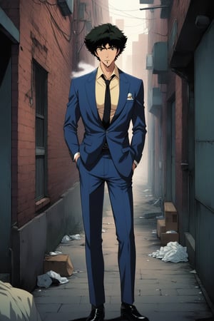 (masterpiece, best quality, ultra HD anime quality, super high resolution, 1980s/(style), retro, anatomically correct, perfect anatomy), (front, bottom angle), looking at the camera, (Spike Spiegel, one boy), solo, (black hair, short hair, bangs, messy hair, brown eyes, straight face), (spike's navy blue suit, large collar on left side, no collar on right shoulder, grey lining, sleeves rolled up to elbows, (black tie, slightly thin), no handkerchief, (cream colored shirt, collar turned up)), (navy blue suit pants, black socks, black leather shoes), holding a gun, (standing, sloppy, tilted, one hand in trouser pocket, (cigarette in mouth, crumpled, cigarette smoke)), (brick street scene, back alley, bleak, dilapidated city, littered), score_9, score_8_up, score_7_up, score_6_up,