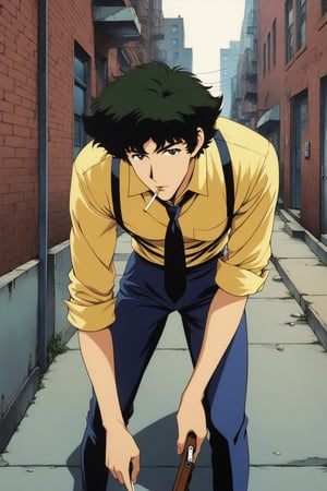 (masterpiece, best quality, ultra HD anime quality, super high resolution, 1980s/(style), retro, anatomically correct, perfect anatomy), (side view, top view), looking into the camera, (Spike Spiegel, one boy), solo, (black hair, short hair, bangs, messy hair, brown eyes, straight face), (wearing a navy blue suit, spikes, sleeves rolled up to the elbows, (black tie, slightly thin), no handkerchief on chest, (yellow shirt, collar up)), (navy blue suit pants, black socks, black leather shoes), holding a gun, (standing, hunched, both knees slightly bent, legs slightly apart, slanted stance, one hand in trouser pocket, (holding a cigarette in mouth, crumpled)), (brick city scene, back alley, bleak, dilapidated city, littered), score_9, score_8_up, score_7_up, score_6_up,retro artstyle, source_