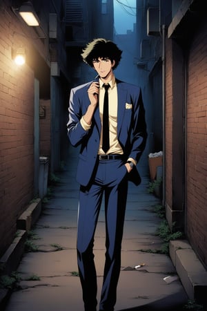 (masterpiece, best quality, ultra HD anime quality, super high resolution, 1980s/(style), retro, anatomically correct, perfect anatomy), (front, bottom angle), looking at the camera, (Spike Spiegel, one boy), solo, (black hair, short hair, bangs, messy hair, brown eyes, straight face), (spike's navy blue suit, large collar on left side, no collar on right shoulder, grey lining, sleeves rolled up to elbows, (black tie, slightly thin), no handkerchief, (cream colored shirt, collar turned up)), (navy blue suit pants, black socks, black leather shoes), holding a gun, (standing, sloppy, tilted, one hand in trouser pocket, (cigarette in mouth, crumpled, cigarette smoke, lighting cigarette, oil lighter)), (brick street scene, back alley, bleak, dilapidated city, littered), score_9, score_8_up, score_7_up, score_6_up,
