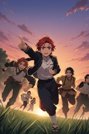 (masterpiece, best quality, ultra HD anime quality, super high resolution, 1980s /(Style), Retro, Anatomically Correct, Perfect Anatomy), (tanjirou_kamado), One boy, Solo, (Red hair, Short hair, Upswept bangs, Messy hair, Forehead, Red eyes, Crying face), Tears, Tears scattered all around, Scar, Scar on face, Scar on forehead, (Mouth open as if screaming), (Ear accessory, Sunrise tag), Looking at camera, (Demon Slayer uniform top, Demon Slayer uniform pants, Navy blue uniform), (Bandages wrapped around both feet), Wearing straw sandals, (Four fingers and one thumb), (Chasing, Running, One hand stretched straight out, Hands spread, One hand pointing to the ground, Legs spread wide, In a grassland), (Sunset view, Distant forest, Grassland, Dim grassland, Grass, Sunset), (Side view, Angle from below), Score 9, Score 8_up, Score 7_up, Score 6_up,