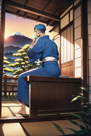 (masterpiece, best quality, 32k ultra HD anime quality, super high resolution, anatomically accurate, perfect anatomy),
(bercouli), mature_man, solo, looking at garden,
(blue_hair, short_hair, bangs_hanging_on_one_side, blue_eyes, thin_shaven_beard, stubble, lonely_face),
(Japanese_clothes, blue_kimono, white_sash), barefoot,
(four_toes,_one_thumb),
(drinking_from_a_ceramic_Japanese_cup, hunched_back,_sitting_on_the_porch,_crossed_legs,_in_a_Japanese_room),
(view_of_a_Japanese_house,_tatami_Japanese_room,_wooden_porch,_red_garden,_small_Japanese_garden,_evening,_sunset),
(side_view,_diagonal_angle_from_below_behind),
score_9,score_8_up,score_7_up,score_6_up, source_