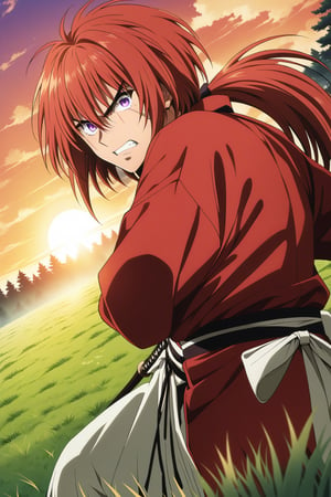 (masterpiece, best quality, ultra HD anime quality, super high resolution, 1980s/(style), retro, anatomically accurate, perfect anatomy), (Himura Kenshin), one boy, solo, (red hair, long hair, low ponytail, thick bangs between eyes, messy hair, purple eyes, sharp eyes, scar on face, angry face), radiating aura, (mouth open as if screaming), looking at camera, (red kimono top, white hakama pants, black waistband), weapon, one Japanese sword, wearing straw sandals, (four fingers and one thumb), (fighting stance, holding sword grip, sword sheath on waist, stance low, legs wide, alone, in grassland), (sunset view, distant forest, large grassland, dim grassland, grass, sunset), (side view, angle from below), score 9, score 8_up, score 7_up, score 6_up,Himura Kenshin