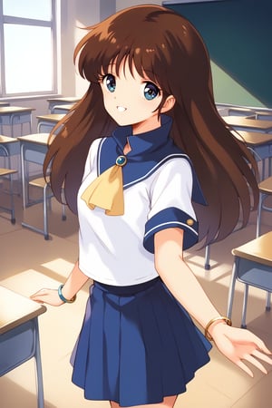 (masterpiece, best quality, ultra HD anime, super high resolution, 1980s/(style), anatomically accurate, perfect anatomy), (upper angle), looking at camera, score_9, score_8_up, score_7_up, source_anime, cream_ami, brown hair, long hair, bangs, blue eyes, smiling, (blue sailor suit, white sleeves, short sleeves, high collar, ascot, blue skirt, bracelet), looking at viewer, cowboy shot, dutch angle, dancing happily, dancing, (school scene, classroom, classroom at dusk),