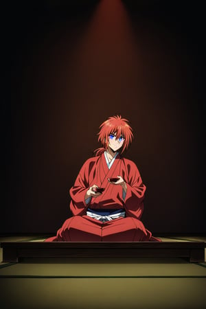 (masterpiece, best quality, ultra HD anime quality, super high resolution, 1980s/(style), retro, anatomically accurate, perfect anatomy), (Himura Kenshin), one boy, solo, (red hair, long hair, low ponytail, thick bangs between eyes, messy hair, purple eyes, facial scar, smiling), looking at camera, (red kimono top, white hakama pants, black sash), barefoot, (four fingers, one thumb), small sake cup, (ochoko), (drinking from a small sake cup, sitting on tatami mat, cross-legged, in front of a low-legged table, in a Japanese-style room), (view of a Japanese house, Japanese-style room, light from the stage curtain, tatami mat, outside a dark window, garden, night), (front, angle from below), score 9, score 8_up, score 7_up, score 6_up,