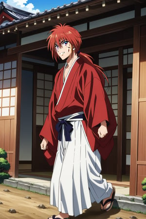 (masterpiece, best quality, ultra HD anime quality, super high resolution, 1980s/(style), retro, anatomically accurate, perfect anatomy), (Himura Kenshin), one boy, solo, (red hair, long hair, low ponytail, thick bangs between eyes, messy hair, purple eyes, highly detailed eyes, facial scar, smiling), highly detailed face, mouth slightly open, looking at camera, cowboy shot, (red kimono top, white hakama pants, black obi), wearing straw sandals, (four fingers, one thumb), (walking hobbling, shaking sleeves, hiding hands in sleeves, on dirt road, in town with Japanese houses, during the day), (view of Japanese houses, noren, awning, wooden lattice, shoji window, dirt road), (side view), score 9, score 8_up, score 7_up, score 6_up,