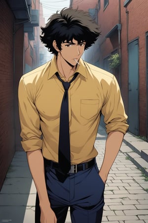 (masterpiece, best quality, ultra HD anime quality, super high resolution, 1980s/(style), retro, anatomically accurate, perfect anatomy), (front, bottom angle), looking at the camera, (Spike Spiegel, one boy), solo, (black hair, short hair, bangs, messy hair, brown eyes, straight face), (navy blue suit, grey lining, sleeves rolled up to elbows, (black tie, slightly skinny), (yellow shirt, collar up)), (navy blue suit pants, black socks, black leather shoes), holding a gun, (standing, tilted to one side, one hand in trouser pocket, (cigarette in mouth, crumpled), feet together), (brick street scene, back alley, bleak, dilapidated city, littered), score_9, score_8_up, score_7_up, score_6_up