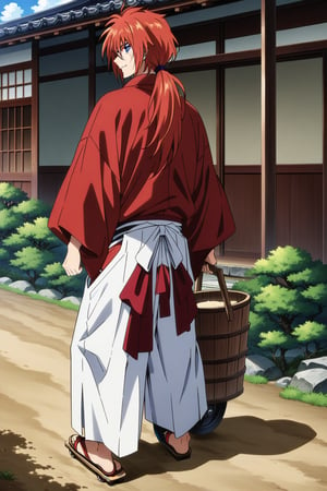 (masterpiece, best quality, ultra HD anime quality, super high resolution, 1980s/(style), retro, anatomically accurate, perfect anatomy), (Himura Kenshin), one boy, solo, (red hair, long hair, low ponytail, thick bangs between eyes, messy hair, purple eyes, facial scar, smiling), looking at camera, (red kimono top, white hakama pants, black obi), wearing straw sandals, (four fingers, one thumb), (walking hobbling, hiding hands in sleeves, on dirt road, in town lined with Japanese houses, during the day), (view of Japanese houses, noren, sunshade, human-powered cart, wooden lattice, shoji window, air bucket, dirt road), (front, angle from below), score 9, score 8_up, score 7_up, score 6_up,