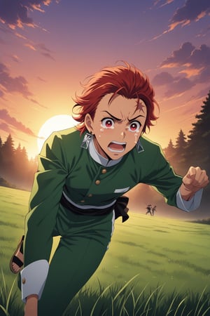 (masterpiece, best quality, ultra HD anime quality, super high resolution, 1980s/(style), retro, anatomically accurate, perfect anatomy), (tanjirou_kamado), one boy, solo, (red hair, short hair, slicked back, messy hair, forehead, red eyes, crying face), crying tears, tears scattered around, scar, scar on face, scar on forehead, (mouth open as if screaming), (piercing, earring, morning sun tag), looking at camera, (Demon Slayer uniform top, Demon Slayer uniform pants, navy blue uniform), (wrap A belt is tied around both feet), wearing straw sandals, (four fingers and one thumb), (chasing, as if diving, one hand is stretched straight out, fingers positioned as if trying to grab, hands spread wide, one hand pointing toward the ground, legs spread wide, in a grassland), (sunset view, distant forest, grassland, dim grassland, grass, sunset), (side view, angle from below), score 9, score 8_up, score 7_up, score 6_up,