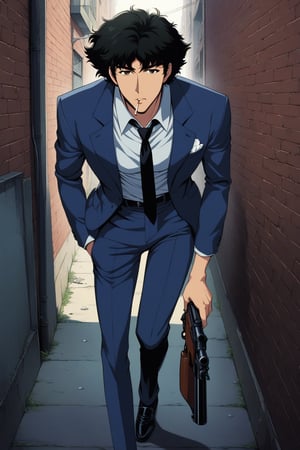 (masterpiece, best quality, ultra HD anime quality, super high resolution, 1980s/(style), retro, anatomically correct, perfect anatomy), (side view, top view), looking into the camera, (Spike Spiegel, one boy), solo, (black hair, short hair, bangs, messy hair, brown eyes, straight face), (wearing navy blue suit, spikes, sleeves rolled up to elbows, (black tie, slightly thin), no handkerchief, (cream shirt, collar up)), (navy blue suit pants, black socks, black leather shoes), holding a gun, (standing, hunched, slightly bent at the waist, slightly bent knees, slightly apart legs, tilted, one hand in trouser pocket, (holding a cigarette in mouth, crumpled)), (brick city scene, back alley, bleak, dilapidated city, littered), score_9, score_8_up, score_7_up, score_6_up,