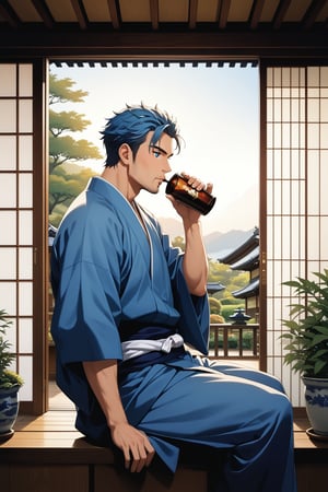 (masterpiece, best quality, 32k ultra HD anime quality, super high resolution, anatomically accurate, perfect anatomy),
(bercouli), mature_man, solo, looking at garden,
(blue_hair, short_hair, bangs_hanging_on_one_side, blue_eyes, thin_shaven_beard, stubble, lonely_face),
(Japanese_clothes, blue_kimono, white_sash), barefoot,
(four_toes,_one_thumb),
(drinking_from_a_ceramic_Japanese_cup, hunched_back,_sitting_on_the_porch,_crossed_legs,_in_a_Japanese_room),
(view_of_a_Japanese_house,_tatami_Japanese_room,_wooden_porch,_red_garden,_small_Japanese_garden,_evening,_sunset),
(side_view,_diagonal_angle_from_below_behind),
score_9,score_8_up,score_7_up,score_6_up, source_,
