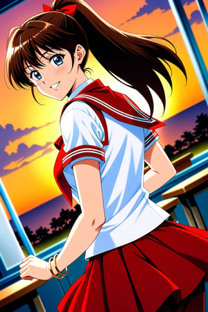 (masterpiece, best quality, ultra HD anime, super high resolution, 1980s/(style), anatomically accurate, perfect anatomy), (upper angle), looking at camera, score_9, score_8_up, score_7_up, source_anime, TanakaMisa, brown hair, long hair, bangs, ponytail, red ribbon, blue eyes, smiling, (red sailor uniform, white sleeves, short sleeves, high collar, ascot, red skirt, bracelet), looking at viewer, cowboy shot, dutch angle, dancing happily, dancing, (school scene, classroom, classroom at dusk), source_