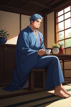 (masterpiece, best quality, 32k ultra HD anime quality, super high resolution, anatomically accurate, perfect anatomy),
(bercouli), mature_man, solo, looking at garden,
(blue_hair, short_hair,_bangs_hanging_on_one_side, blue_eyes, beard, stubble, lonely_face),
(Japanese_clothes, blue_kimono, white_sash), barefoot,
(four_toes,_one_thumb),
(drinking_from_ceramic_teacup,_curved_back,_sitting_on_porch,_crossed_legs,_in_Japanese_room),
(view_of_Japanese_house,_Japanese_room_with_tatami_mats,_wooden_porch,_red_garden,_small_Japanese_garden,_evening,_sunset),
(side_view,_diagonal_angle_from_below_behind),
score_9,score_8_up,score_7_up,score_6_up,