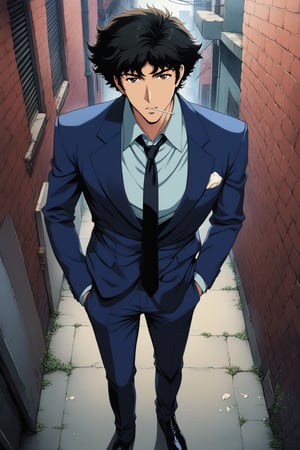 (masterpiece, best quality, ultra HD anime quality, super high resolution, 1980s/(style), retro, anatomically correct, perfect anatomy), (side view, top view), looking into the camera, (Spike Spiegel, one boy), solo, (black hair, short hair, bangs, messy hair, brown eyes, straight face), (wearing navy blue suit, spikes, sleeves rolled up to elbows, (black tie, slightly thin), no handkerchief, (cream shirt, collar up)), (navy blue suit pants, black socks, black leather shoes), holding a gun, (standing, slightly bent at waist, both knees slightly bent, legs slightly apart, posed at an angle, one hand in trouser pocket, (holding a cigarette in mouth, crumpled)), (brick city scene, back alley, bleak, dilapidated city, littered), score_9, score_8_up, score_7_up, score_6_up,