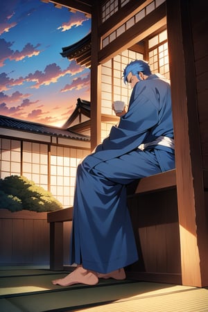 (masterpiece, best quality, 32k ultra HD anime quality, super high resolution, anatomically accurate, perfect anatomy),
(bercouli), mature_man, solo, looking_at_the_garden,
(blue_hair,_short_hair,_bangs_hanging_on_one_side,_blue_eyes,_slightly_shaven_beard,_stubble,_lonely_face),
(Japanese_clothes,_blue_kimono,_white_sash), barefoot,
(four_toes,_one_thumb),
(drinking_from_a_ceramic_Japanese_cup,_sitting_on_the_porch,_with_his_back_hunched,_on_one_knee),
(view_of_a_Japanese_house,_tatami_room,_wooden_porch,_red_garden,_small_Japanese_garden,_evening,_sunset),
(side_view,_diagonal_angle_from_below_behind),
score_9,score_8_up,score_7_up,score_6_up,