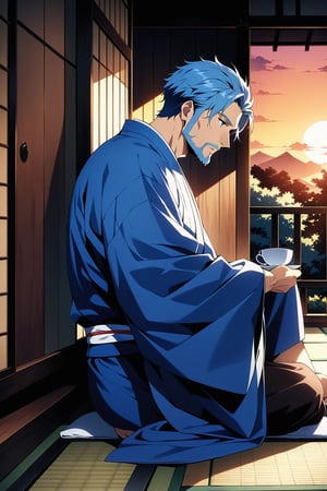 (masterpiece, best quality, 32k ultra HD anime quality, super high resolution, anatomically accurate, perfect anatomy),
(bercouli), mature_man, solo, looking at garden,
(blue_hair, short_hair,_bangs_hanging_on_one_side, blue_eyes, beard, stubble, lonely_face),
(Japanese_clothes, blue_kimono, white_sash), barefoot,
(four_toes,_one_thumb),
(drinking_from_ceramic_teacup,_curved_back,_sitting_on_porch,_crossed_legs,_in_Japanese_room),
(view_of_Japanese_house,_Japanese_room_with_tatami_mats,_wooden_porch,_red_garden,_small_Japanese_garden,_evening,_sunset),
(side_view,_diagonal_angle_from_below_behind),
score_9,score_8_up,score_7_up,score_6_up,bercouli