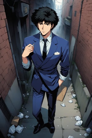 (masterpiece, best quality, ultra HD anime quality, super high resolution, 1980s/(style), retro, anatomically correct, perfect anatomy), (side view, top view), looking into the camera, (Spike Spiegel, one boy), solo, (black hair, short hair, bangs, messy hair, brown eyes, straight face), (wearing a navy blue suit, spiked, large collar on left side, no collar on right shoulder, grey lining, sleeves rolled up to elbows, (black tie, slightly thin), no handkerchief, (cream shirt, collar turned up)), (navy blue suit pants, black socks, black leather shoes), holding a gun, (standing, slightly bent at waist, sloppy, with legs apart, one hand in trouser pocket, (holding a cigarette in mouth, crumpled)), (scene of a brick city, back alley, bleak, dilapidated city, littered with garbage), score_9, score_8_up, score_7_up, score_6_up,