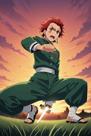 (masterpiece, highest quality, ultra HD anime quality, super high resolution, 1980s/(style), retro, anatomically accurate, perfect anatomy), (tanjirou_kamado), one boy, solo, slightly young, (red hair, short hair, slicked back, messy hair, forehead, red eyes, angry face), radiating murderous intent, scar, scar on face, scar on forehead, (mouth open as if screaming), (piercing, earring, sunrise tag), looking at camera, (Demon Slayer Corps uniform top, Demon Slayer Corps uniform pants, navy blue uniform ), one Japanese sword, (bandages wrapped around both shins), wearing straw sandals, (four fingers and one thumb), (fighting stance, hands on sword hilt, sword worn at waist, low stance, legs spread wide, alone, in grassland), (sunset view, distant forest, large grassland, dim grassland, grass, sunset), (side view, angle from below), score 9, score 8_up, score 7_up, score 6_up,