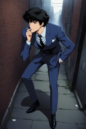 (masterpiece, best quality, ultra HD anime quality, super high resolution, 1980s/(style), retro, anatomically correct, perfect anatomy), (side view, top view), looking into the camera, (Spike Spiegel, one boy), solo, (black hair, short hair, bangs, messy hair, brown eyes, straight face), (wearing navy blue suit, spikes, sleeves rolled up to elbows, (black tie, slightly thin), no handkerchief, (cream shirt, collar up)), (navy blue suit pants, black socks, black leather shoes), holding a gun, (standing, hunched, slightly bent at the waist, slightly bent knees, slightly apart legs, tilted, one hand in trouser pocket, (holding a cigarette in mouth, crumpled)), (brick city scene, back alley, bleak, dilapidated city, littered), score_9, score_8_up, score_7_up, score_6_up,
