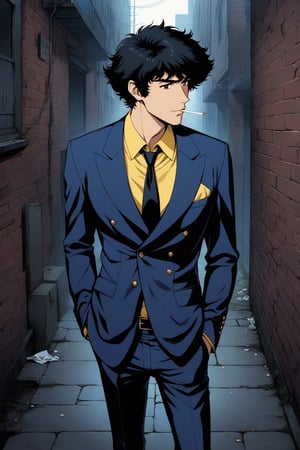 (masterpiece, best quality, ultra HD anime quality, super high resolution, 1980s/(style), retro, anatomically accurate, perfect anatomy), (front, bottom angle), looking at the camera, (Spike Spiegel, one boy), solo, (black hair, short hair, bangs, messy hair, brown eyes, straight face), (navy blue suit, grey lining, sleeves rolled up to elbows, (black tie, slightly skinny), (yellow shirt, collar up)), (navy blue suit pants, black socks, black leather shoes), holding a gun, (standing, tilted, (cigarette in mouth, crumpled), feet together), (brick street scene, back alley, bleak, dilapidated city, littered), score_9, score_8_up, score_7_up, score_6_up