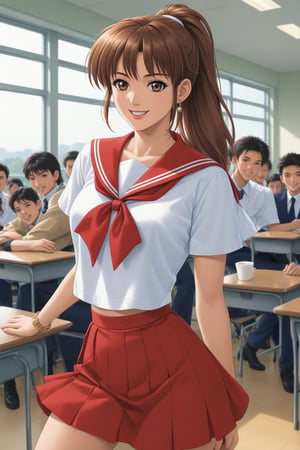 (masterpiece, best quality, ultra HD anime, super high resolution, 1980s/(style), anatomically accurate, perfect anatomy), (upper angle), looking at camera, score_9, score_8_up, score_7_up, source_anime, TanakaMisa, brown hair, long hair, bangs, ponytail, red ribbon, blue eyes, smiling, (red sailor uniform, white sleeves, short sleeves, high collar, ascot, red skirt, bracelet), looking at viewer, cowboy shot, dutch angle, dancing happily, dancing, (school scene, classroom, classroom at dusk), source_,