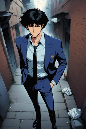 (masterpiece, best quality, ultra HD anime quality, super high resolution, 1980s/(style), retro, anatomically accurate, perfect anatomy), (front, bottom angle), looking at the camera, (Spike Spiegel, one boy), solo, (black hair, short hair, bangs, messy hair, brown eyes, straight face), (Spike's navy blue suit, big collar on left side, no collar on right shoulder, grey lining, sleeves rolled up to elbows, (black tie, slightly skinny), (cream shirt, collar up)), (navy blue suit pants, black socks, black leather shoes), holding a gun, (standing, tilted, one hand in trouser pocket, (cigarette in mouth, crumpled), sloppy), (brick street scene, back alley, bleak, dilapidated city, littered), score_9, score_8_up, score_7_up, score_6_up