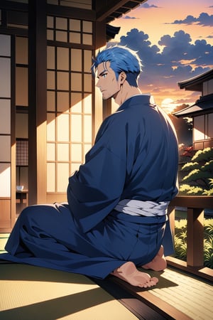 (masterpiece, best quality, 32k ultra HD anime quality, super high resolution, anatomically accurate, perfect anatomy),
(bercouli), mature_man, solo, looking_at_the_garden,
(blue_hair,_short_hair,_bangs_hanging_on_one_side,_blue_eyes,_slightly_shaven_beard,_stubble,_lonely_face),
(Japanese_clothes,_blue_kimono,_white_sash), barefoot,
(four_toes,_one_thumb),
(drinking_from_a_ceramic_Japanese_cup,_sitting_on_the_porch,_with_his_back_hunched,_on_one_knee),
(view_of_a_Japanese_house,_tatami_room,_wooden_porch,_red_garden,_small_Japanese_garden,_evening,_sunset),
(side_view,_diagonal_angle_from_below_behind),
score_9,score_8_up,score_7_up,score_6_up,