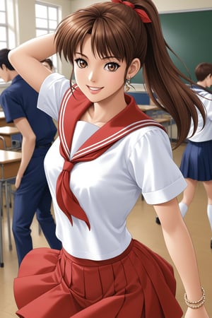 (masterpiece, best quality, ultra HD anime, super high resolution, 1980s/(style), anatomically accurate, perfect anatomy), (upper angle), looking at camera, score_9, score_8_up, score_7_up, source_anime, TanakaMisa, brown hair, long hair, bangs, ponytail, red ribbon, blue eyes, smiling, (red sailor uniform, white sleeves, short sleeves, high collar, ascot, red skirt, bracelet), looking at viewer, cowboy shot, dutch angle, dancing happily, dancing, (school scene, classroom, classroom at dusk), source_,