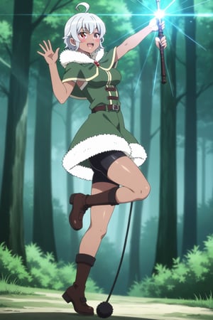 (eris_v1, fully nude), one girl, solo,
(forest scenery, mountain forest, dim forest, large tree, undergrowth),
(outdoors, facing forward, legs spread wide, dancing in the air, waving a wand),
beautiful_toes,_beautiful_calves,_beautiful_knees,_beautiful_legs,_smooth_curved_ass;1.5, waist;0.4, (capelet, skirt, bike shorts, green capelet, be tto,), (firm, firm breasts, slightly large breasts; 0.1), beautiful collarbone line, young body lines, low body,
(mischievous smile, blushing, perfect eyes, perfect eyes, red eyes, bangs between eyes, thick bangs in the middle, ahoge, short hair, silver hair, perfect baby face), full body, dark skinned girl,
gazing into the camera, (side view, from below),
(perfect human anatomy, perfect anatomy, 1980s / (style), 32k ultra HD anime, ultra high resolution, masterpiece), score_9_up, score_8_up, score_7_up, score_6_up,