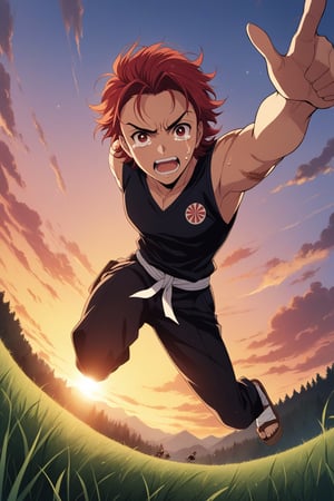 (masterpiece, best quality, ultra HD anime quality, super high resolution, 1980s/(style), retro, anatomically accurate, perfect anatomy), (tanjirou_kamado), one boy, solo, (red hair, short hair, slicked back, messy hair, forehead, red eyes, crying face), crying tears, tears scattered around, scars, scars on face, scars on forehead, (mouth open as if screaming), (ear accessory, rising sun tag), looking at camera, (Demon Slayer uniform top, Demon Slayer uniform pants, navy blue uniform), (Bandages wrapped around both feet), wearing straw sandals, (four fingers and one thumb), (chasing, diving, one arm stretched straight out, all fingers extended, arm spread wide, one arm pointing toward the ground, legs spread wide, in a grassland), (sunset view, distant forest, grassland, dim grassland, grass, sunset), (side view, angle from below), score 9, score 8_up, score 7_up, score 6_up,