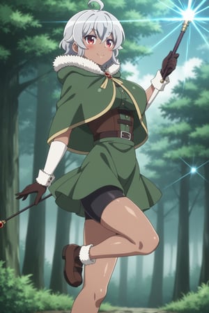 (eris_v1, fully nude), one girl, solo,
(forest scenery, mountain forest, dim forest, large tree, undergrowth),
(outdoors, facing forward, legs spread wide, dancing in the air, waving a wand),
beautiful_toes,_beautiful_calves,_beautiful_knees,_beautiful_legs,_smooth_curved_ass;1.5, waist;0.4, (capelet, skirt, bike shorts, green capelet, be tto,), (firm, firm breasts, slightly large breasts; 0.1), beautiful collarbone line, young body lines, low body,
(mischievous smile, blushing, perfect eyes, perfect eyes, red eyes, bangs between eyes, thick bangs in the middle, ahoge, short hair, silver hair, perfect baby face), full body, dark skinned girl,
gazing into the camera, (side view, from below),
(perfect human anatomy, perfect anatomy, 1980s / (style), 32k ultra HD anime, ultra high resolution, masterpiece), score_9_up, score_8_up, score_7_up, score_6_up,