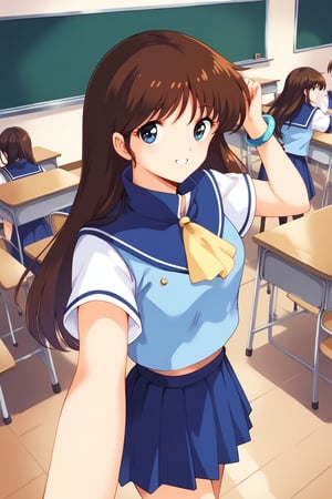 (masterpiece, best quality, ultra HD anime, super high resolution, 1980s/(style), anatomically accurate, perfect anatomy), (upper angle), looking at camera, score_9, score_8_up, score_7_up, source_anime, cream_ami, brown hair, long hair, bangs, blue eyes, smiling, (blue sailor suit, white sleeves, short sleeves, high collar, ascot, blue skirt, bracelet), looking at viewer, cowboy shot, dutch angle, dancing happily, dancing, (school scene, classroom, classroom at dusk),