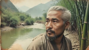   An Chinese man with a beard and white hair opens his eyes and looks ahead. 
  Behind him is a landscape of mountains and rivers and looming bamboo trees.
  The figure is on the right of the composition.
  Overall bright small fresh style. Photo texture