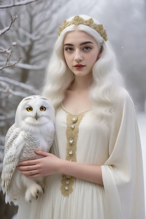 A 16 year old girl with her white owl . White and gold hair, close eye, (snow white owl) . Full body view.,style