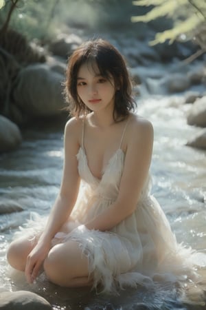 Vintage instant film aesthetic, with a warm cream tone. A Taiwanese beauty sits on a stone by the gently flowing stream, her has short hair, smile sweetly directed at the viewer. The soft focus and subtle grain evoke a sense of nostalgia. She wears a white dress. The scene is bathed in warm sunlight, with the tree, stone and water creating a natural frame around her.