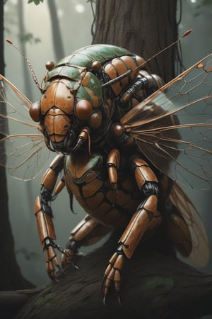 Ethereal portrait of  cicada creature with details of a robot cicada, the full robot body, brown highlights,its limbs splayed as it ascends the towering a tree. inspired by the style of Peter Lindberg and Lee Jeffries.