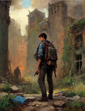 In a warm orange haze, a lone figure emerges against the reclaimed ruins of a city, now teeming with lush vegetation and vibrant greenery. The protagonist, a short-haired young man with bangs and piercings, stands tall, clutching a steel bottle in his hands. His dark-colored, post-apocalyptic attire is worn but determined expression shines through, framed by the bright blue noon sky with puffy white clouds. A small backpack adorns his back, symbolizing resilience and resourcefulness, set against the nostalgic charm of retro-illustration reminiscent of 1980s-1990s anime, as he surveys the revitalized landscape with his green eyes.